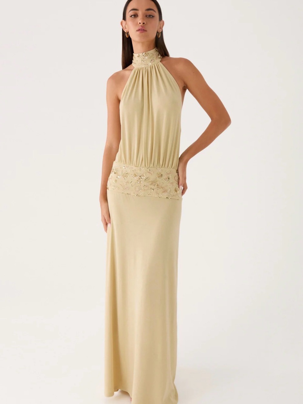 Peppermayo One-Shoulder Halter Evening Gown in Light Gold